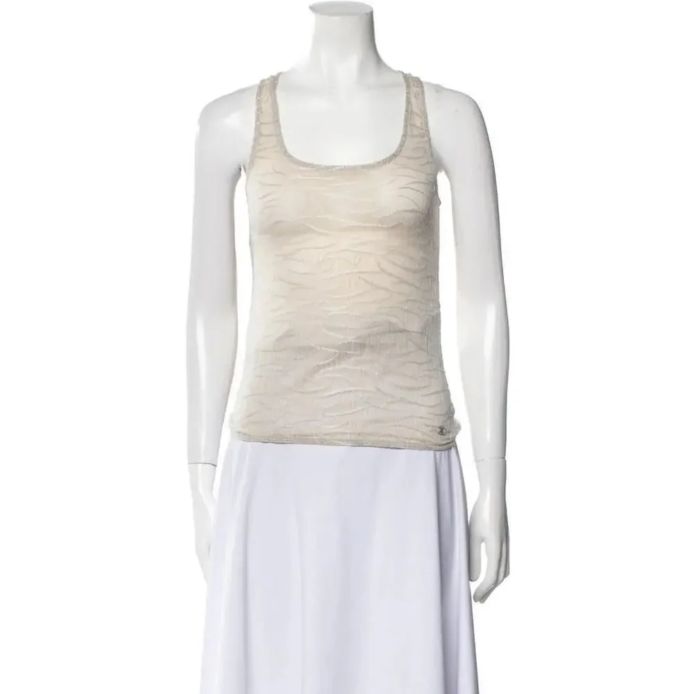 Vintage 2005 CHANEL 05A Silver thread Nude Racerback Top Tank FR-38/40